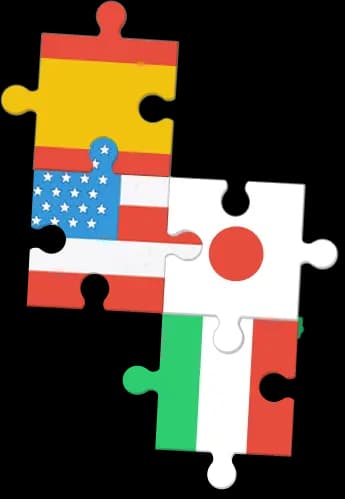 Interlocking puzzle pieces with flags from different countries